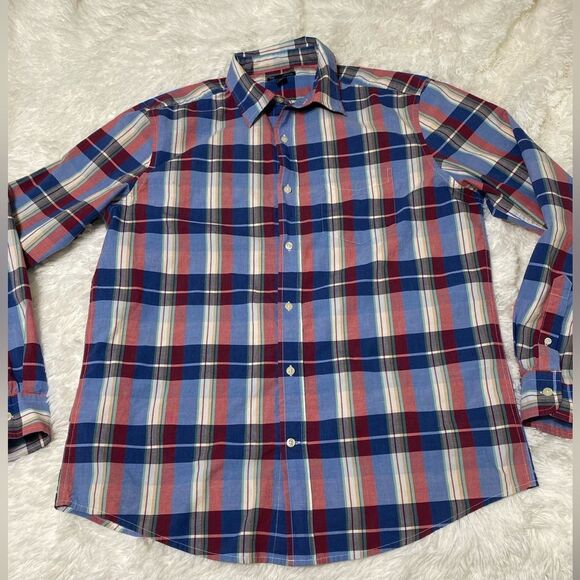 Gap classic fit plaid button up shirt long sleeve cotton blue red size L - Picture 7 of 13